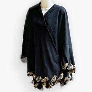 Whimsigoth Vintage 90s “Fur-Trim” Black Wrap Cardigan Cape Coat Leopard ~Unsized